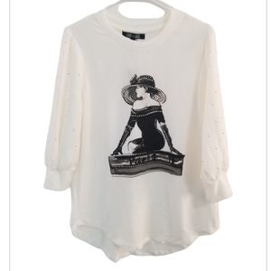 NWT Love + Lace Paris Themed Graphic 3/4 Sleeve Sweater Women's Size LG